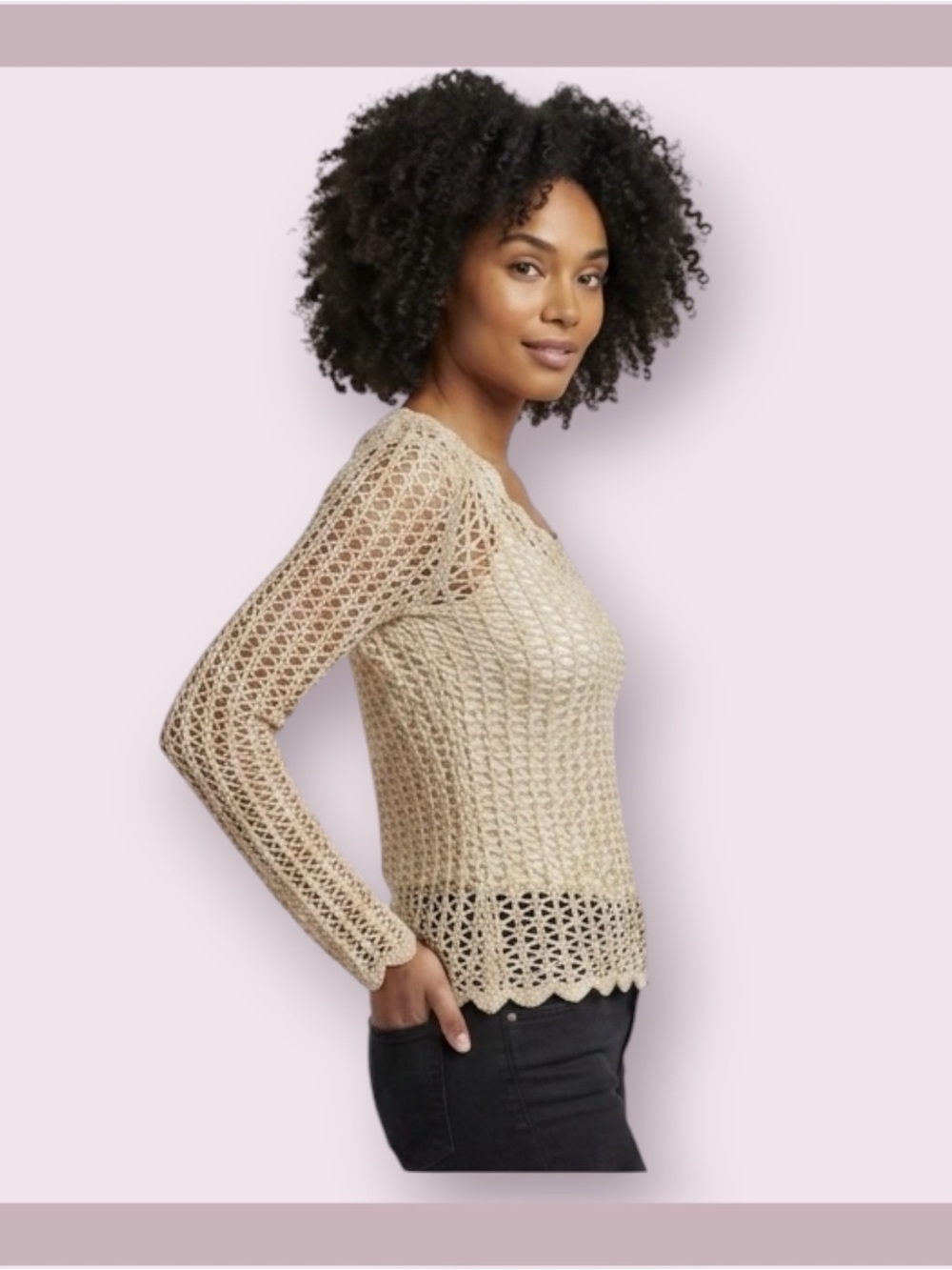 Croquet Club Silk Crochet Beige Long Sleeve Top